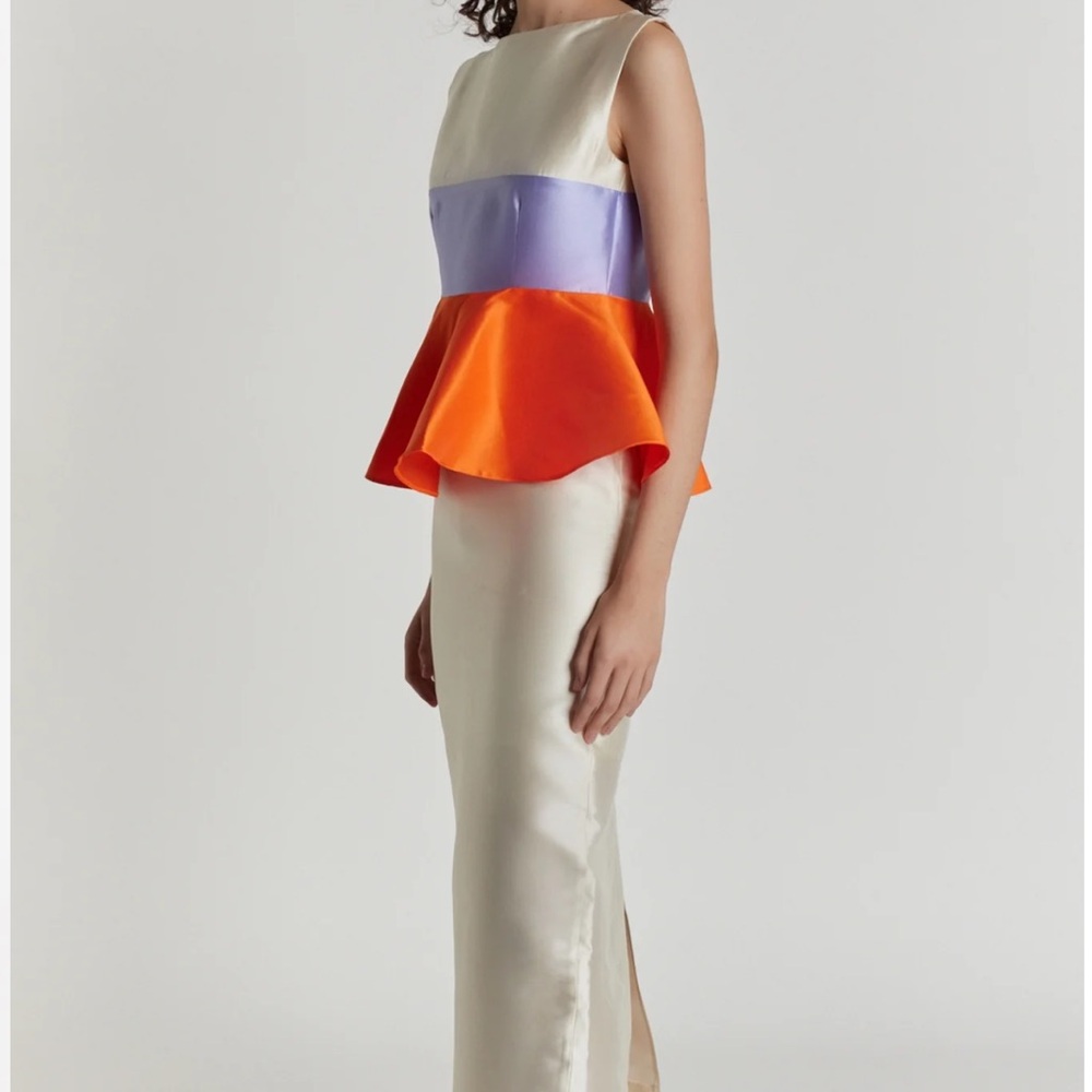 Destree Cream and Orange Peplum Ruffled Midi Cocktail Dress. Style name: Cy - Picture 2 of 6